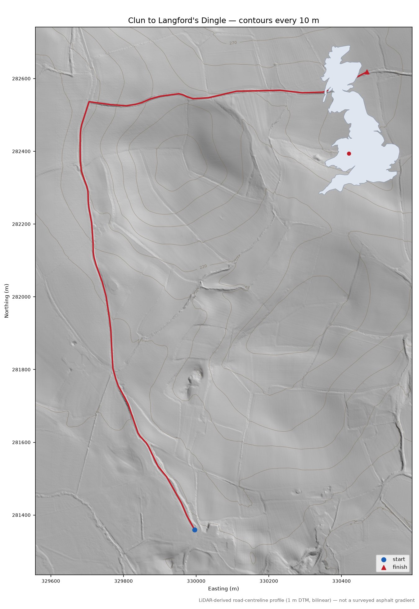 Clun to Langford's Dingle LiDAR hillshade map with contours