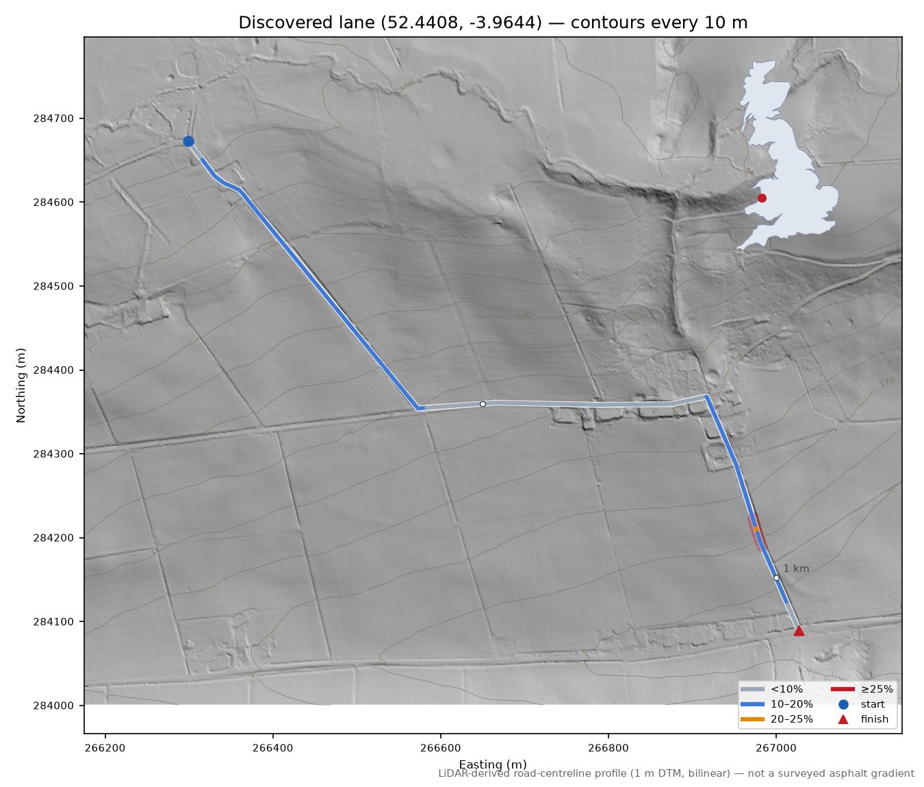 Discovered lane (52.4408, -3.9644) LiDAR hillshade map with contours