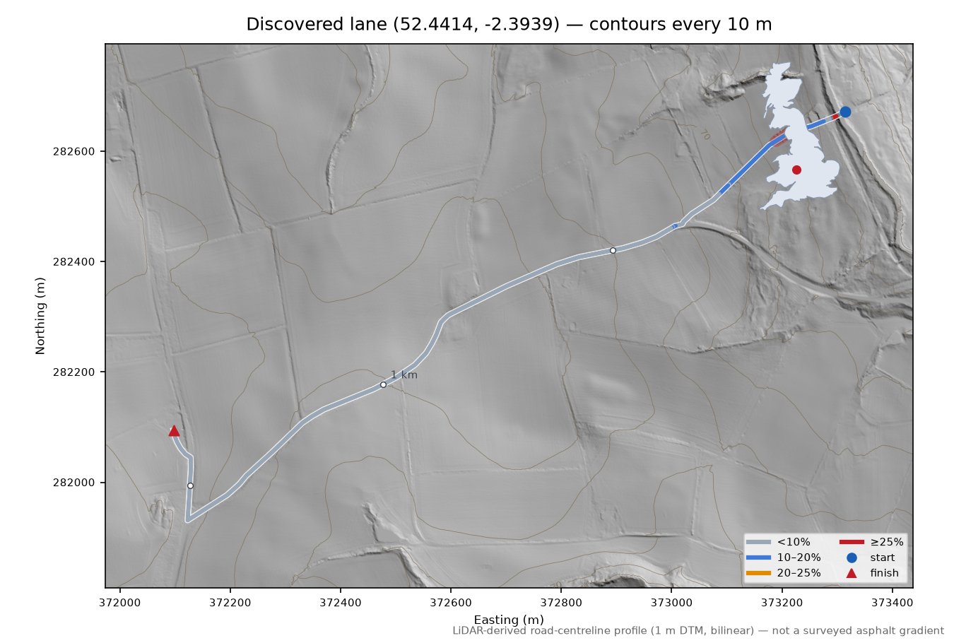 Discovered lane (52.4414, -2.3939) LiDAR hillshade map with contours