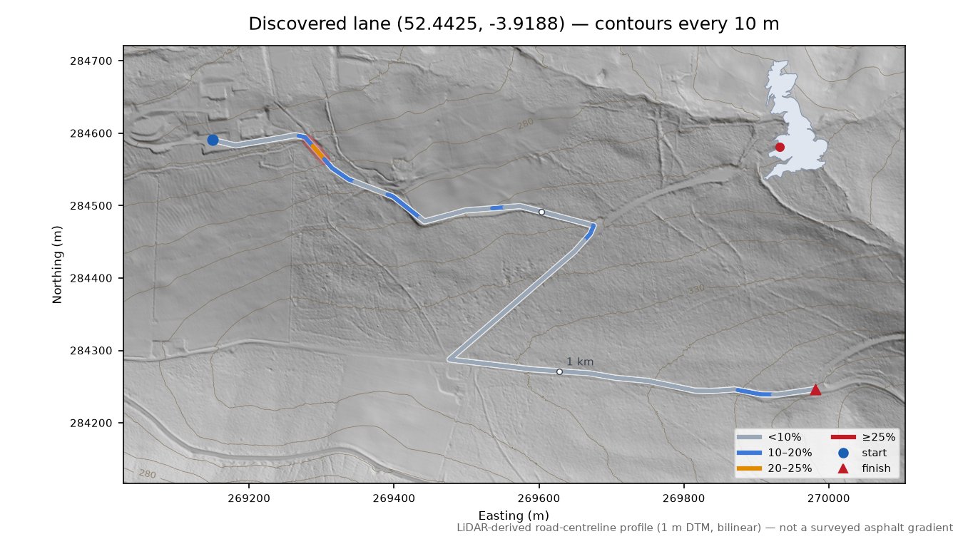 Discovered lane (52.4425, -3.9188) LiDAR hillshade map with contours