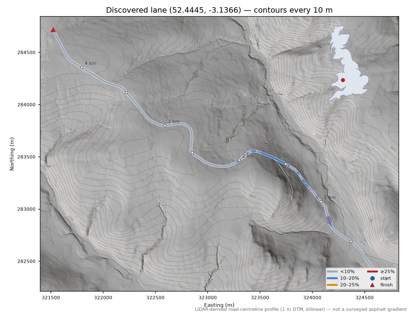 Discovered lane (52.4445, -3.1366) LiDAR hillshade map with contours