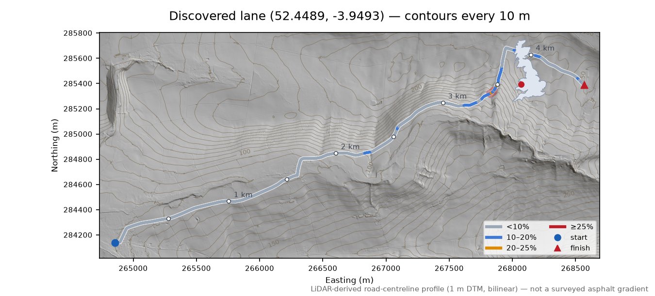 Discovered lane (52.4489, -3.9493) LiDAR hillshade map with contours