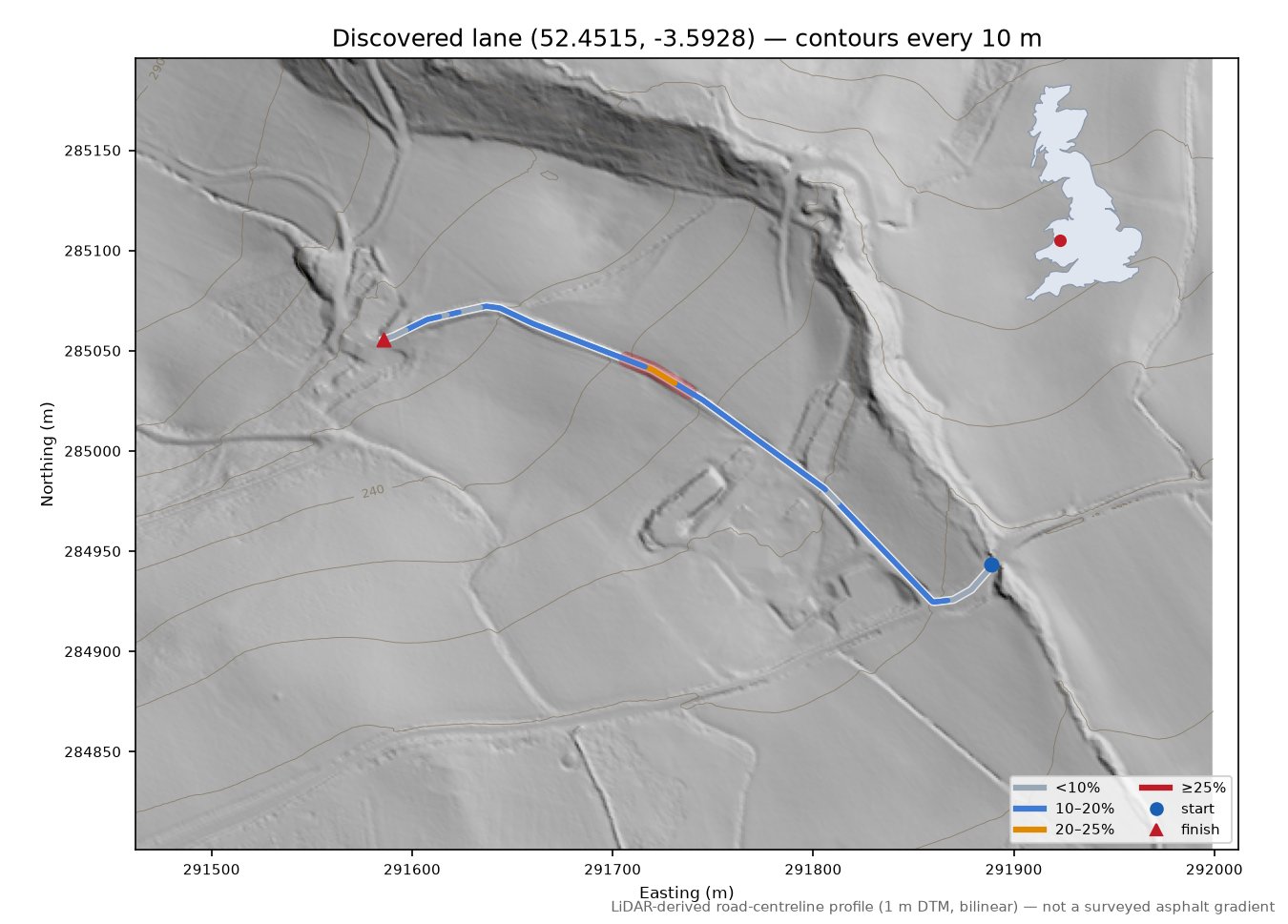 Discovered lane (52.4515, -3.5928) LiDAR hillshade map with contours