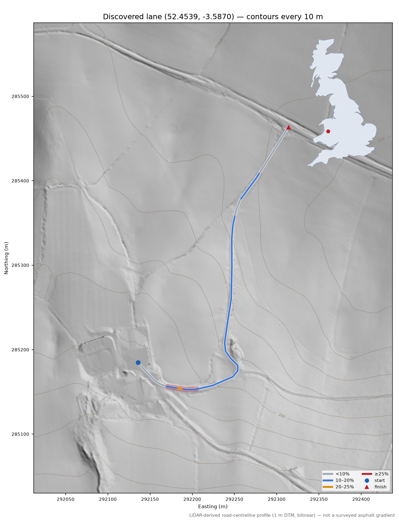 Discovered lane (52.4539, -3.5870) LiDAR hillshade map with contours