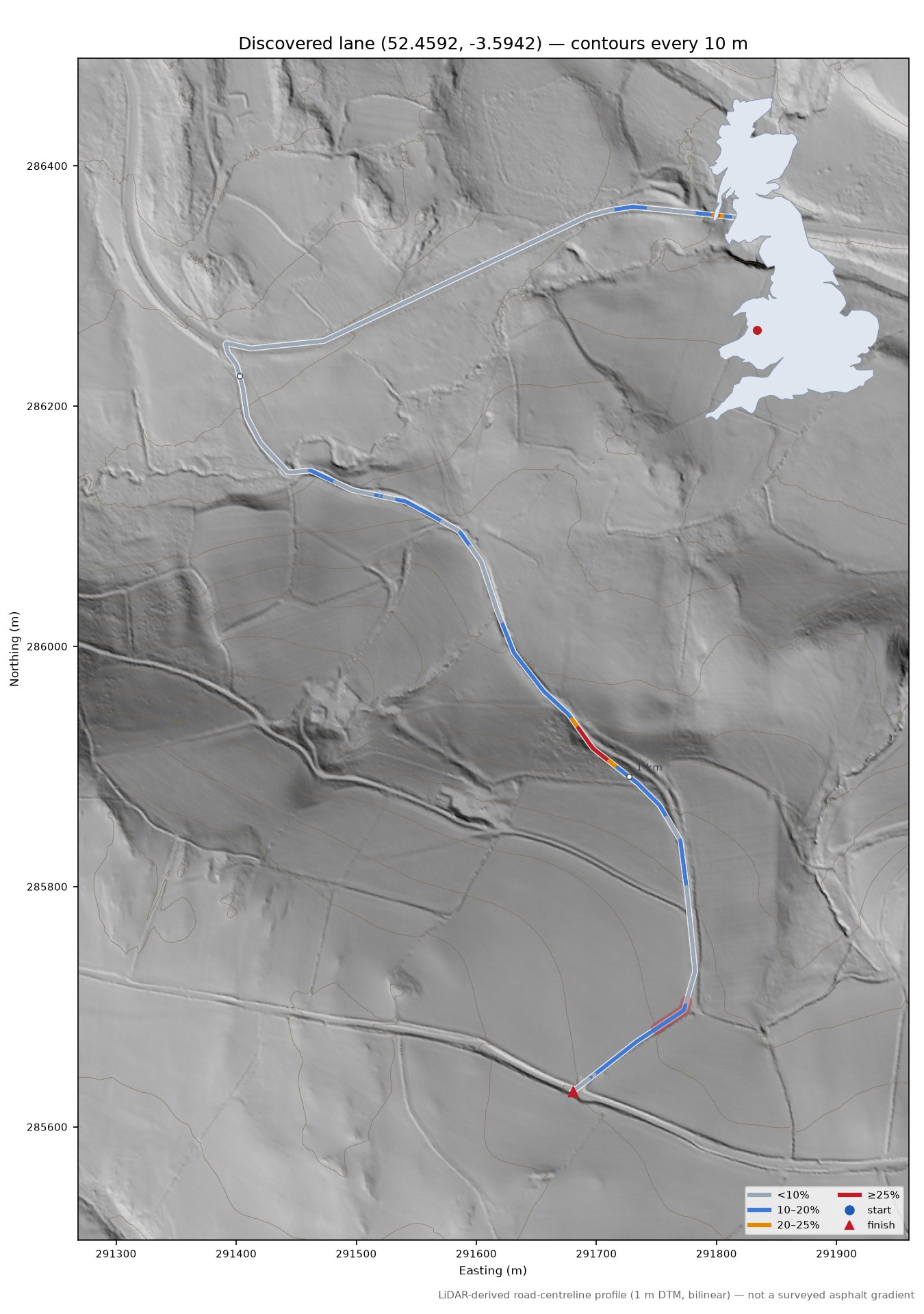 Discovered lane (52.4592, -3.5942) LiDAR hillshade map with contours