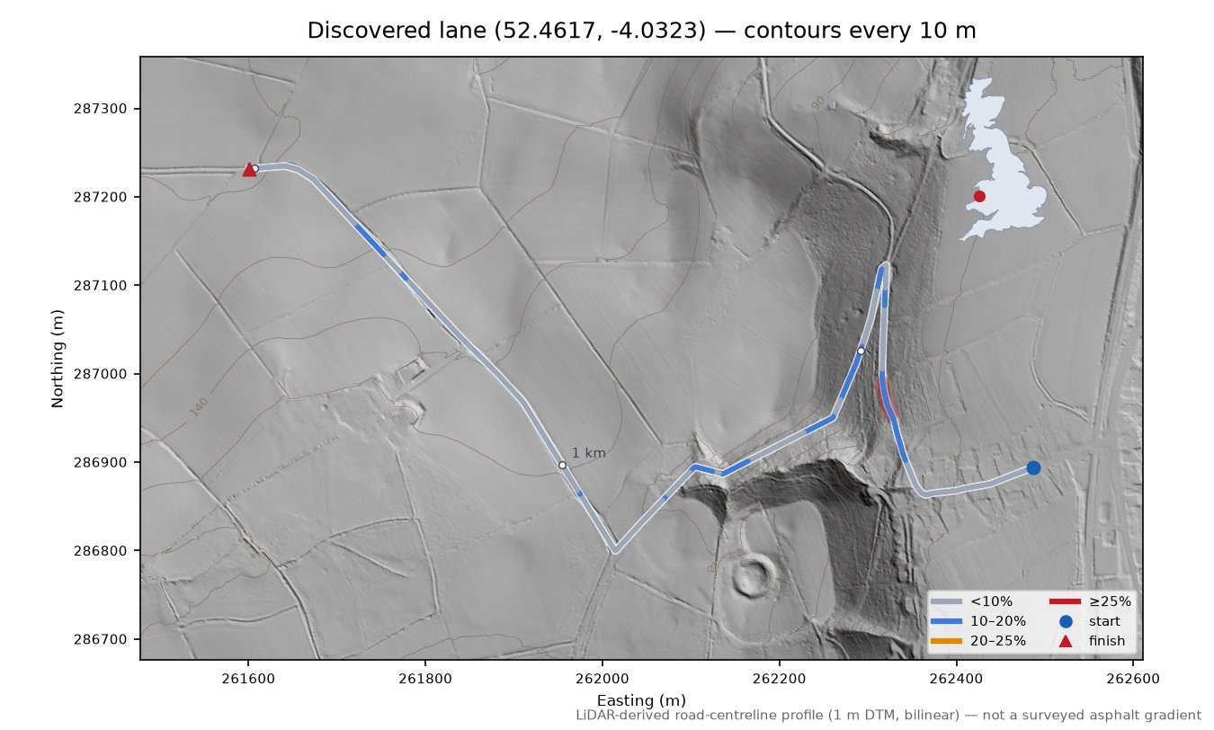 Discovered lane (52.4617, -4.0323) LiDAR hillshade map with contours