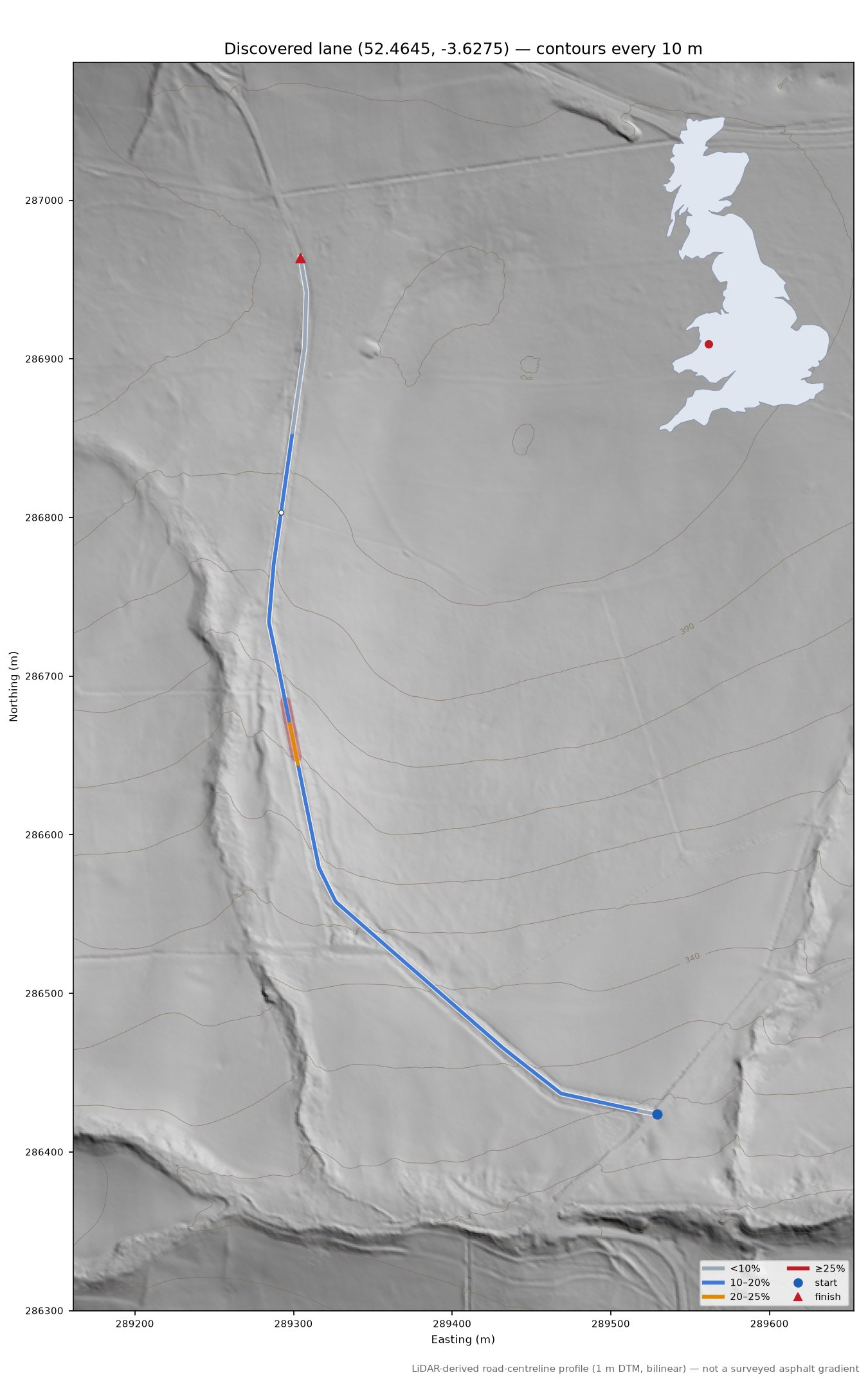 Discovered lane (52.4645, -3.6275) LiDAR hillshade map with contours