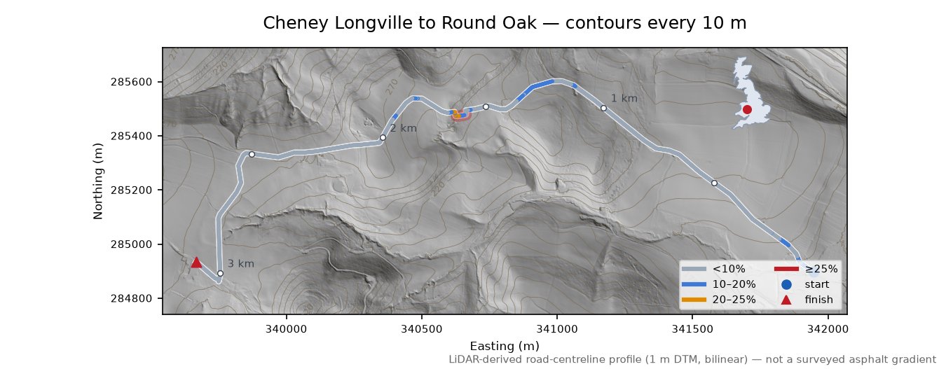 Cheney Longville to Round Oak LiDAR hillshade map with contours