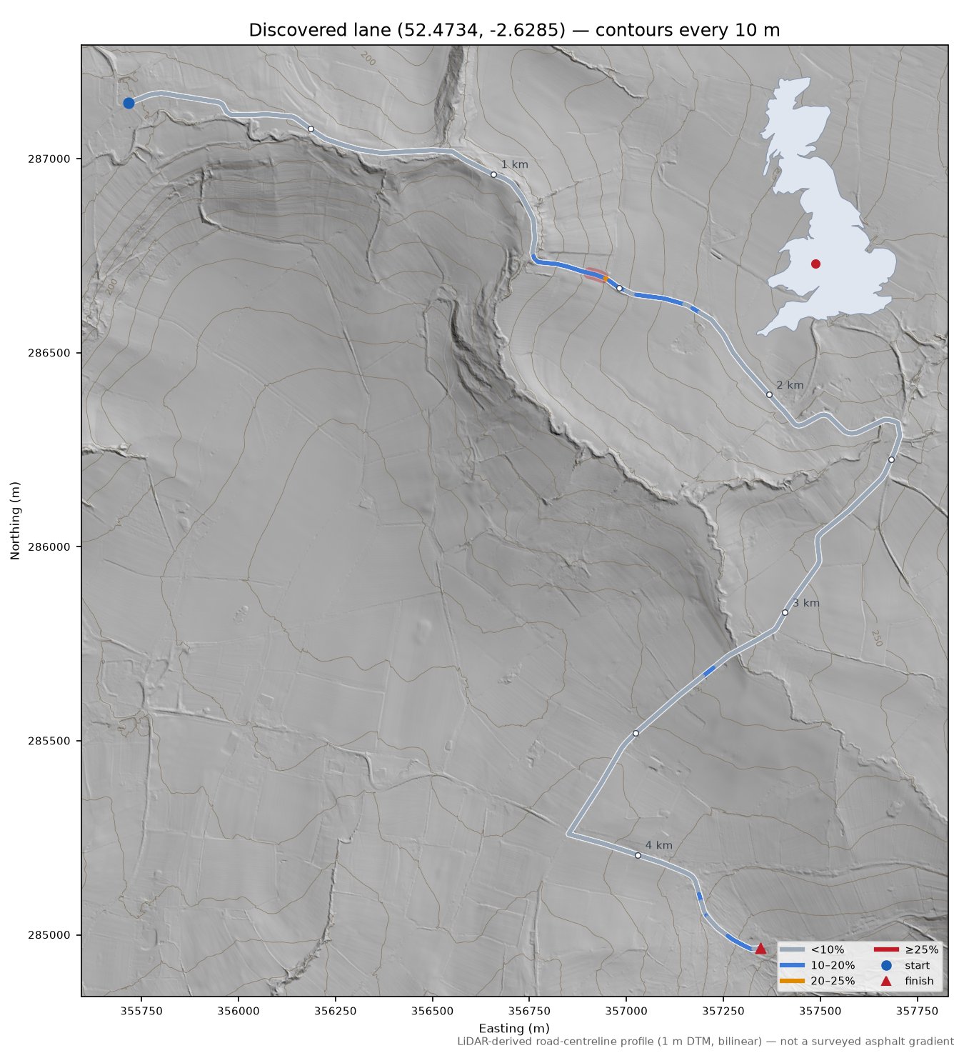 Discovered lane (52.4734, -2.6285) LiDAR hillshade map with contours