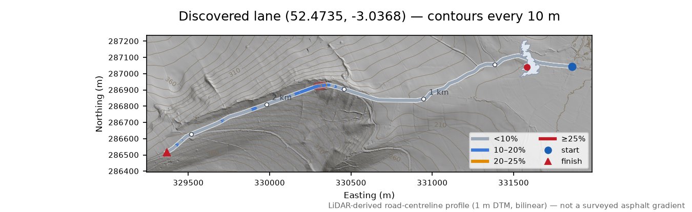 Discovered lane (52.4735, -3.0368) LiDAR hillshade map with contours