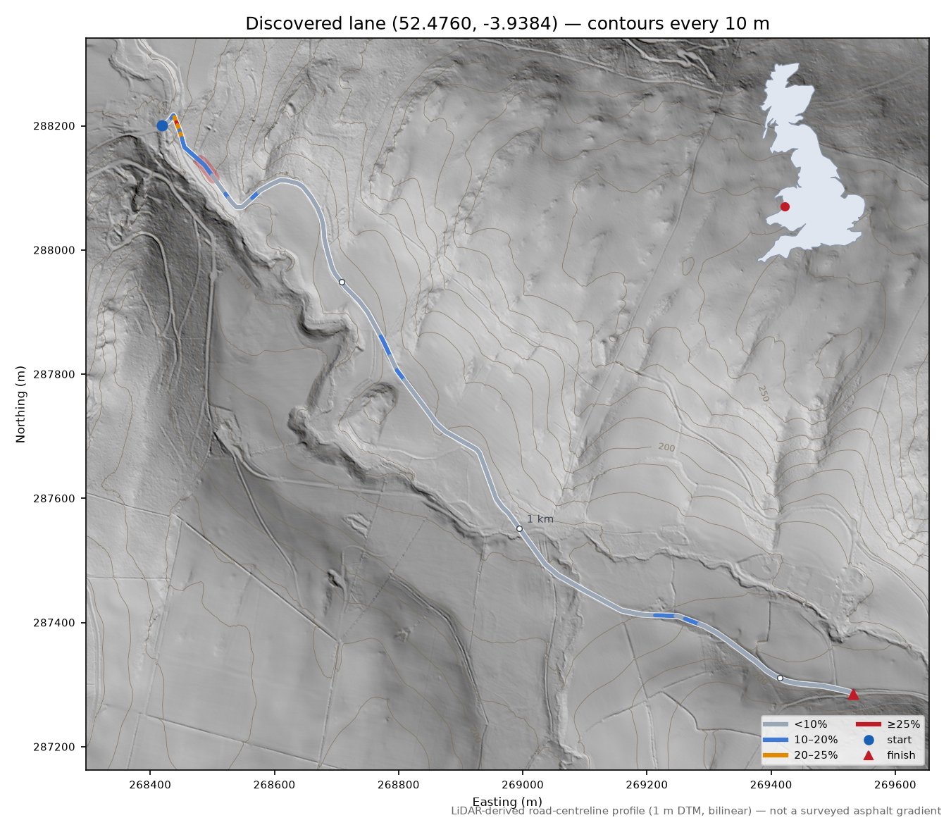 Discovered lane (52.4760, -3.9384) LiDAR hillshade map with contours