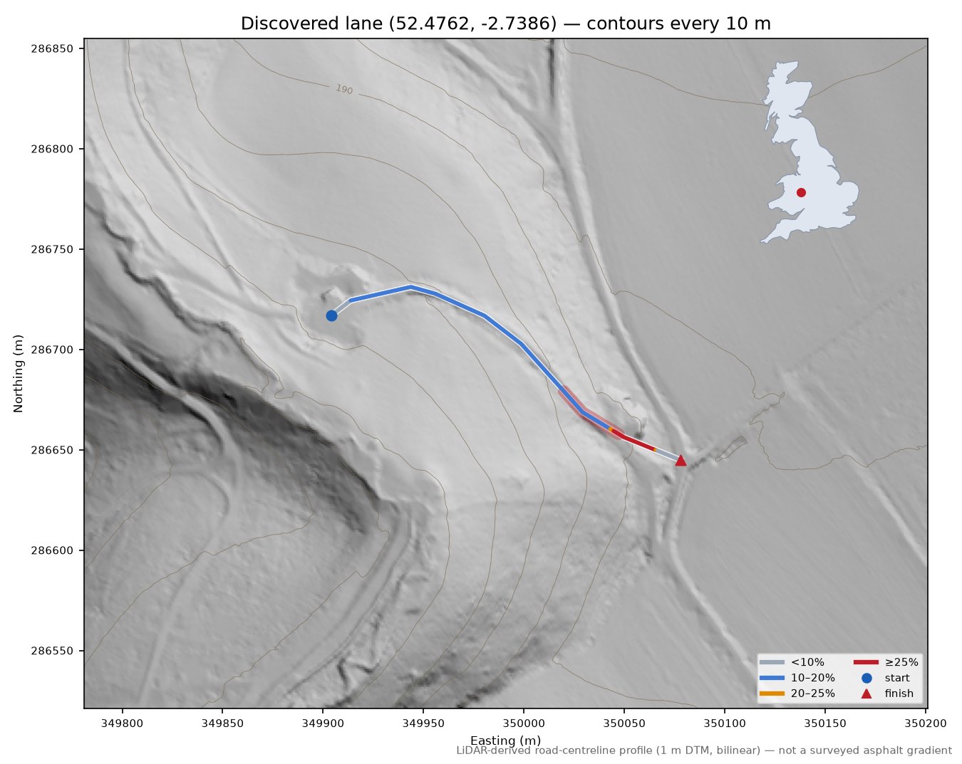 Discovered lane (52.4762, -2.7386) LiDAR hillshade map with contours