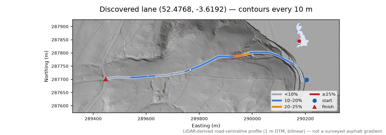 Discovered lane (52.4768, -3.6192) LiDAR hillshade map with contours