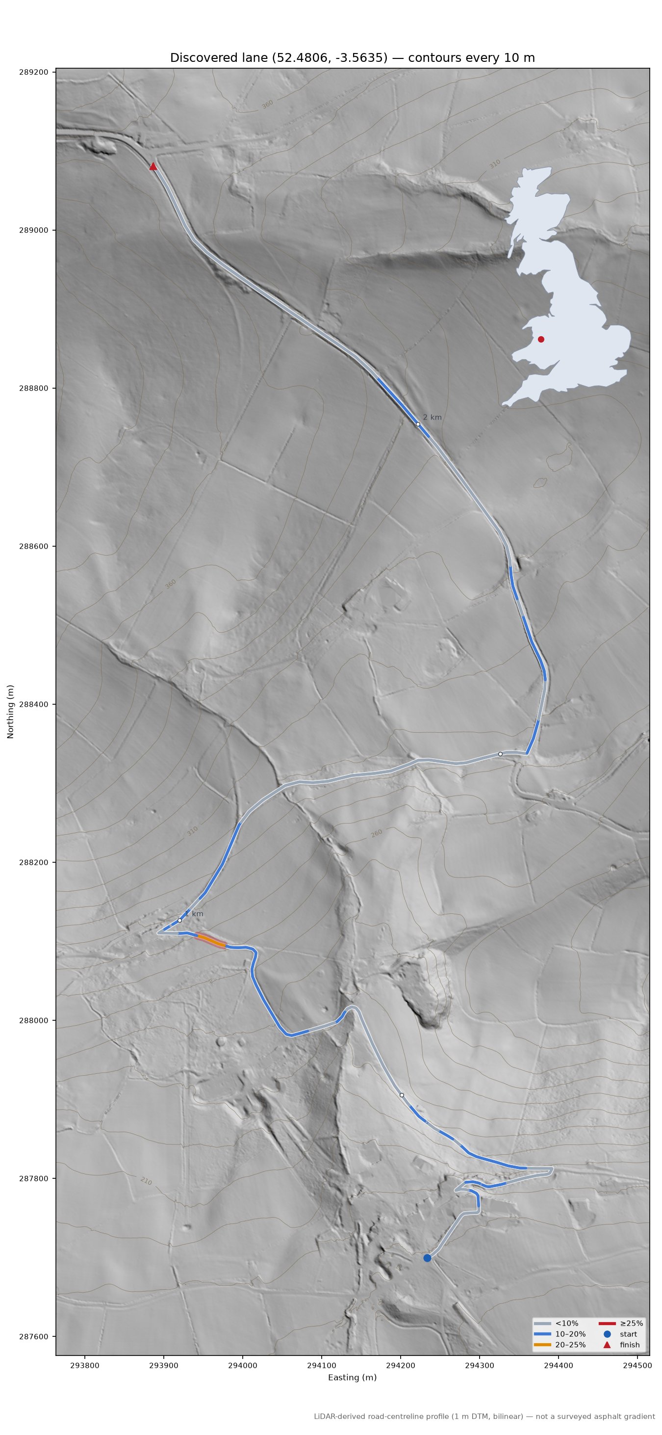 Discovered lane (52.4806, -3.5635) LiDAR hillshade map with contours