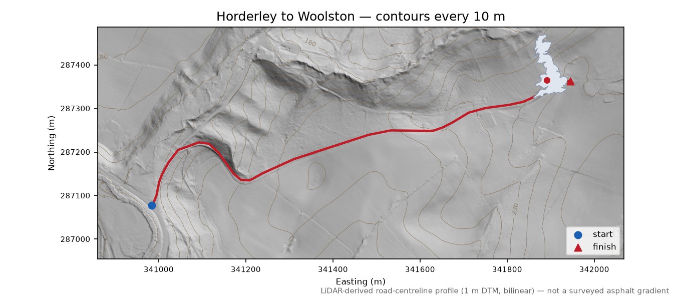 Horderley to Woolston LiDAR hillshade map with contours