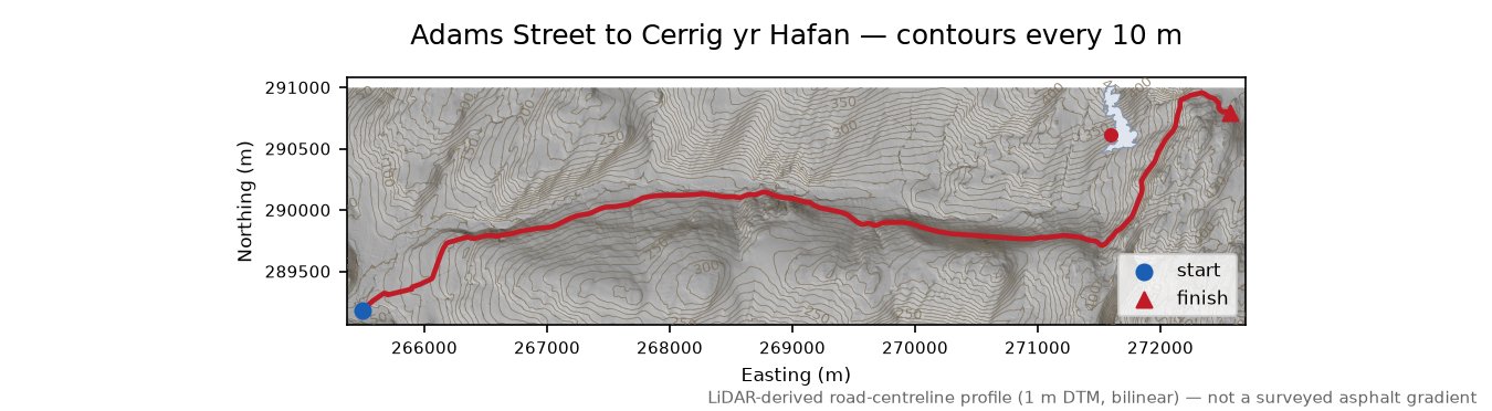 Adams Street to Cerrig yr Hafan LiDAR hillshade map with contours