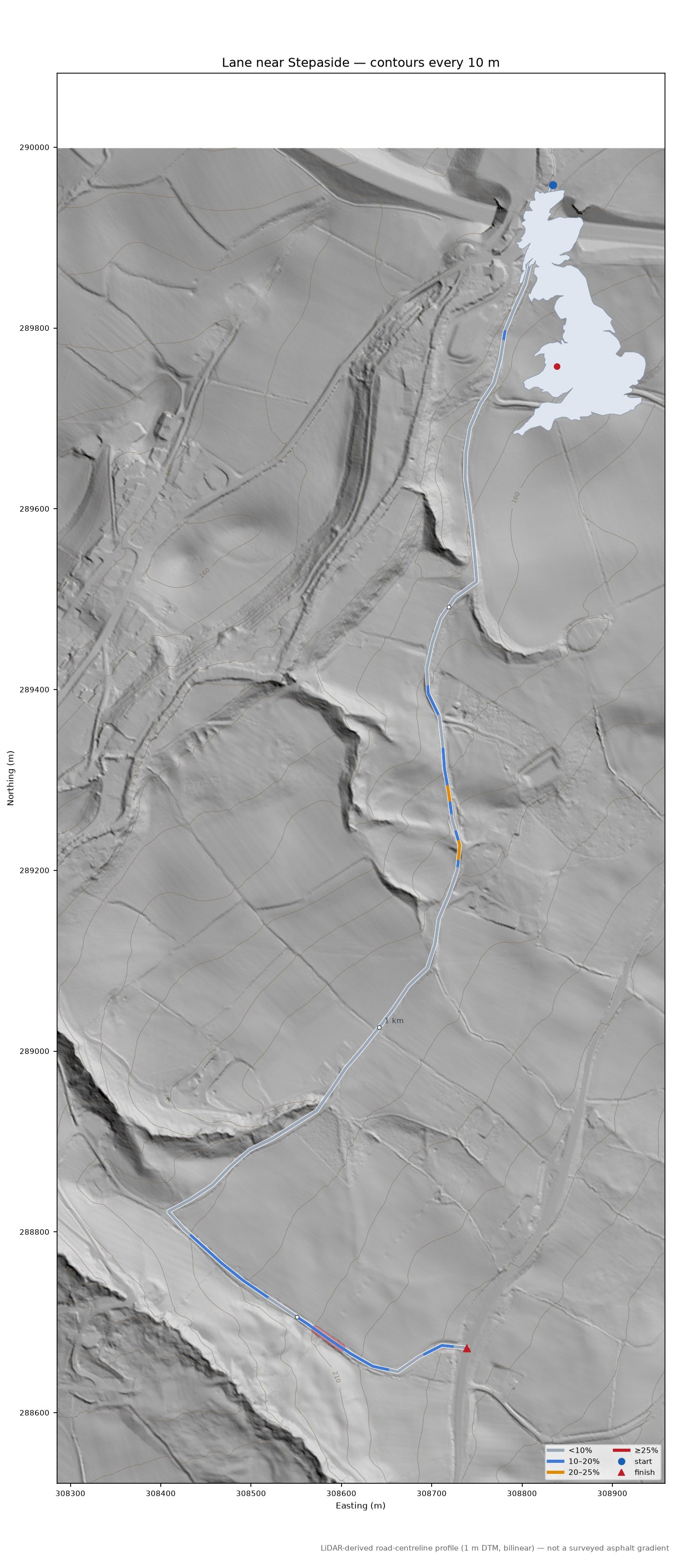 Lane near Stepaside LiDAR hillshade map with contours