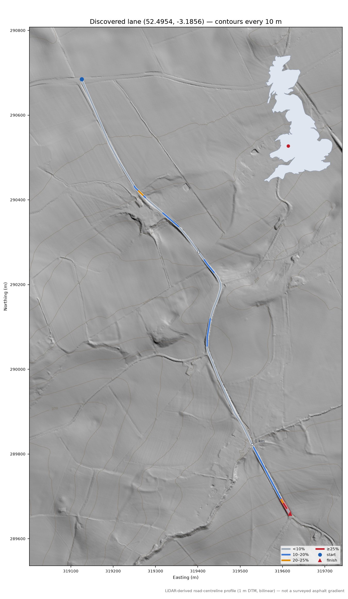 Discovered lane (52.4954, -3.1856) LiDAR hillshade map with contours