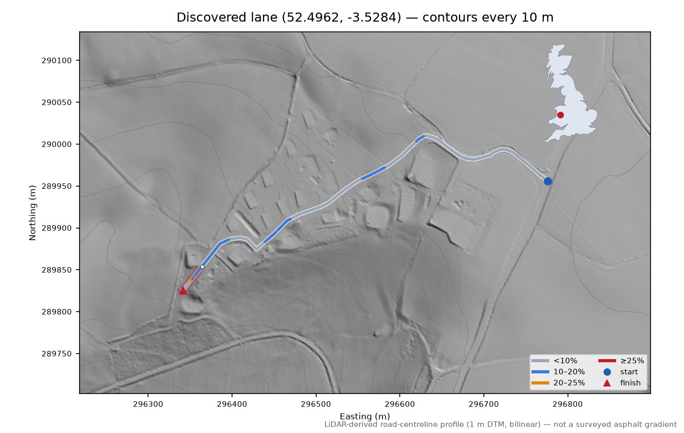 Discovered lane (52.4962, -3.5284) LiDAR hillshade map with contours