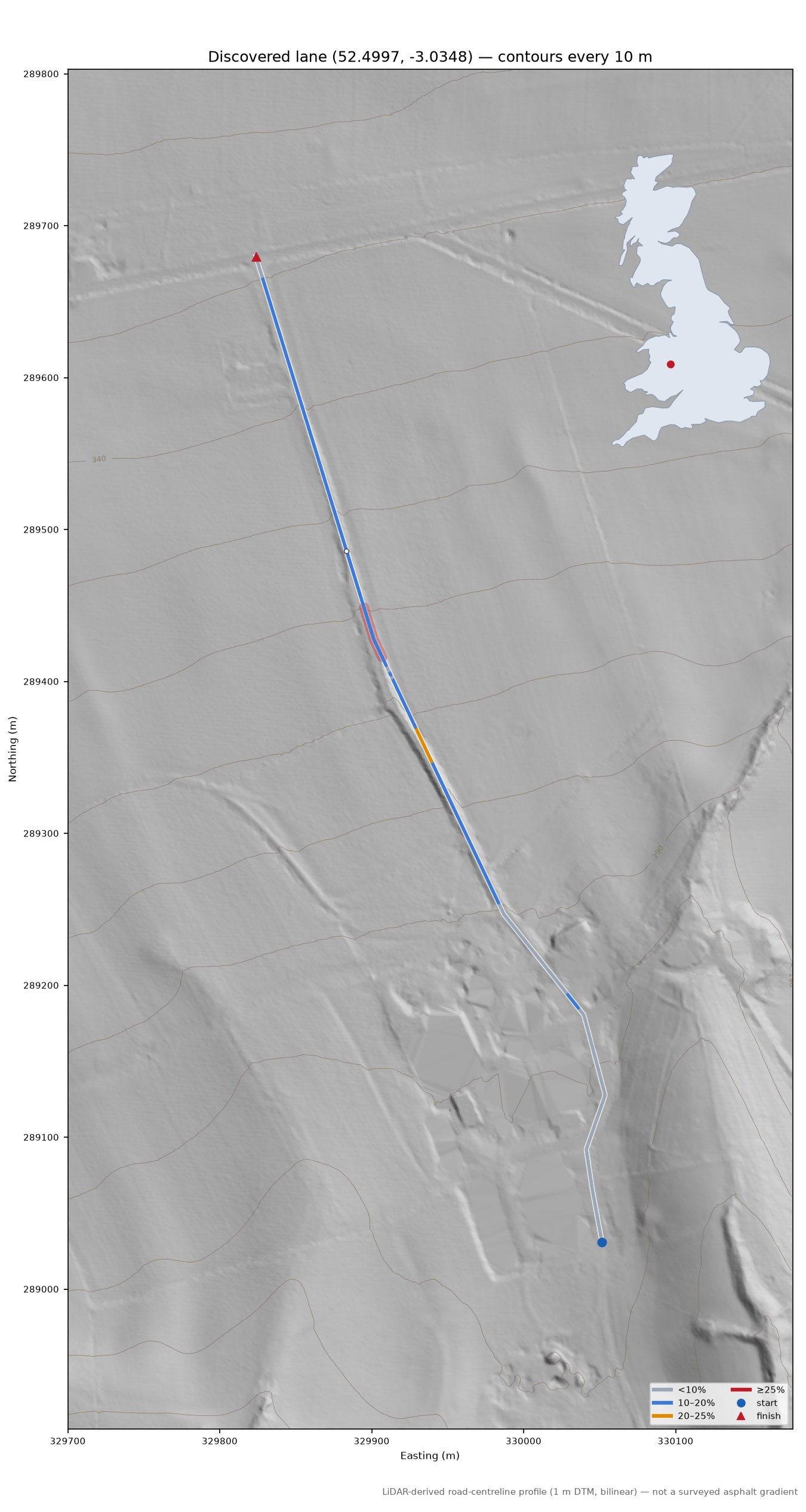 Discovered lane (52.4997, -3.0348) LiDAR hillshade map with contours