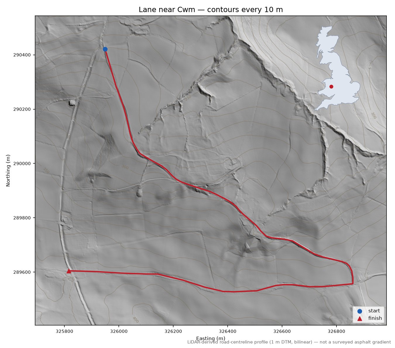 Lane near Cwm LiDAR hillshade map with contours