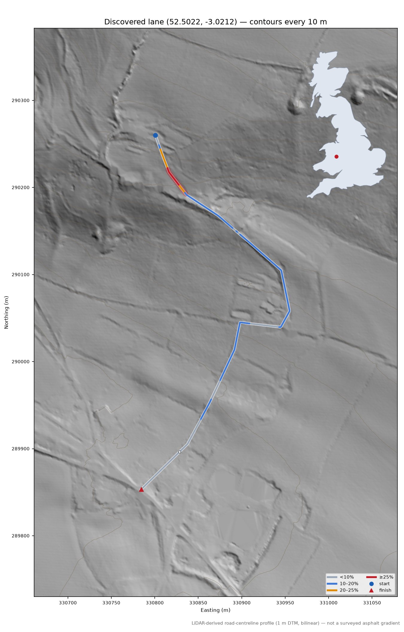 Discovered lane (52.5022, -3.0212) LiDAR hillshade map with contours