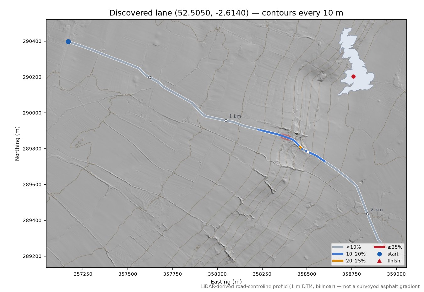 Discovered lane (52.5050, -2.6140) LiDAR hillshade map with contours