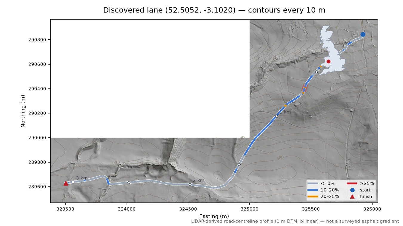 Discovered lane (52.5052, -3.1020) LiDAR hillshade map with contours