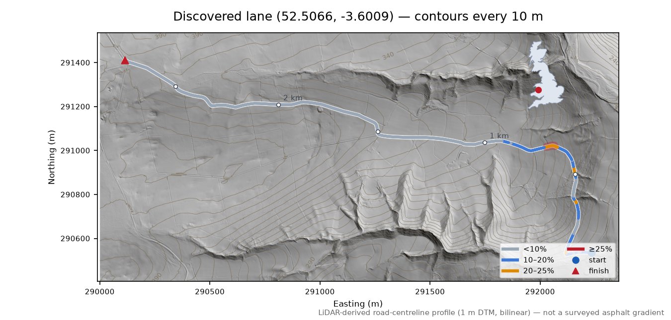 Discovered lane (52.5066, -3.6009) LiDAR hillshade map with contours