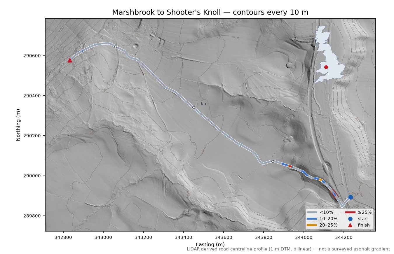 Marshbrook to Shooter's Knoll LiDAR hillshade map with contours