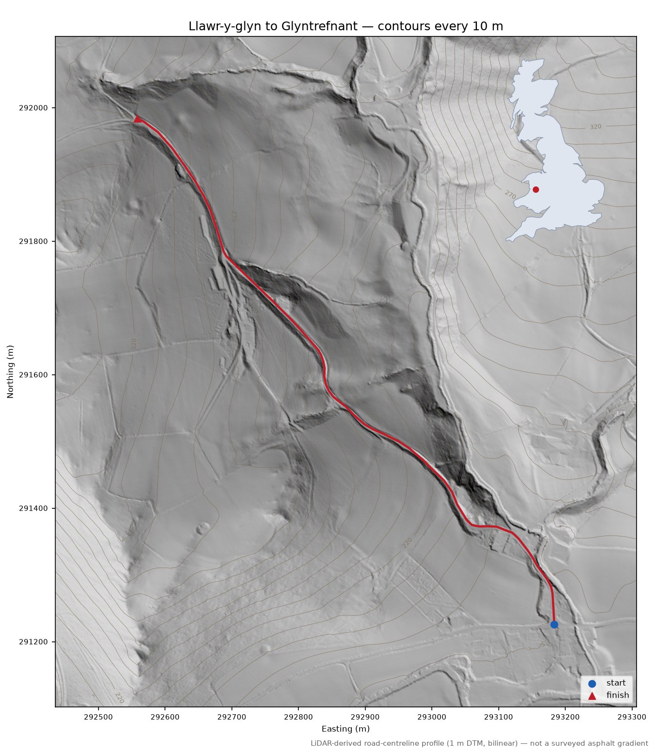 Llawr-y-glyn to Glyntrefnant LiDAR hillshade map with contours