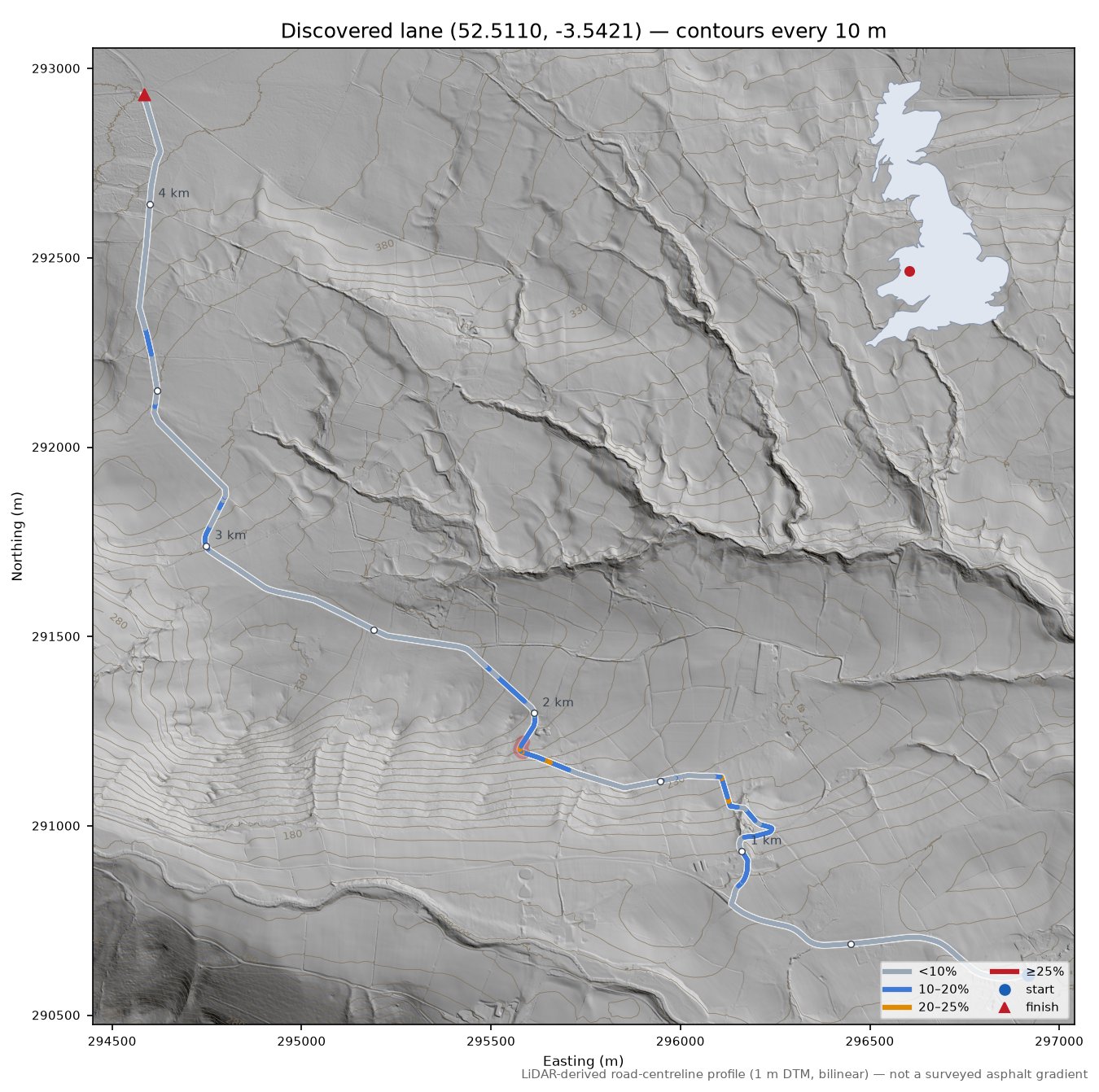 Discovered lane (52.5110, -3.5421) LiDAR hillshade map with contours