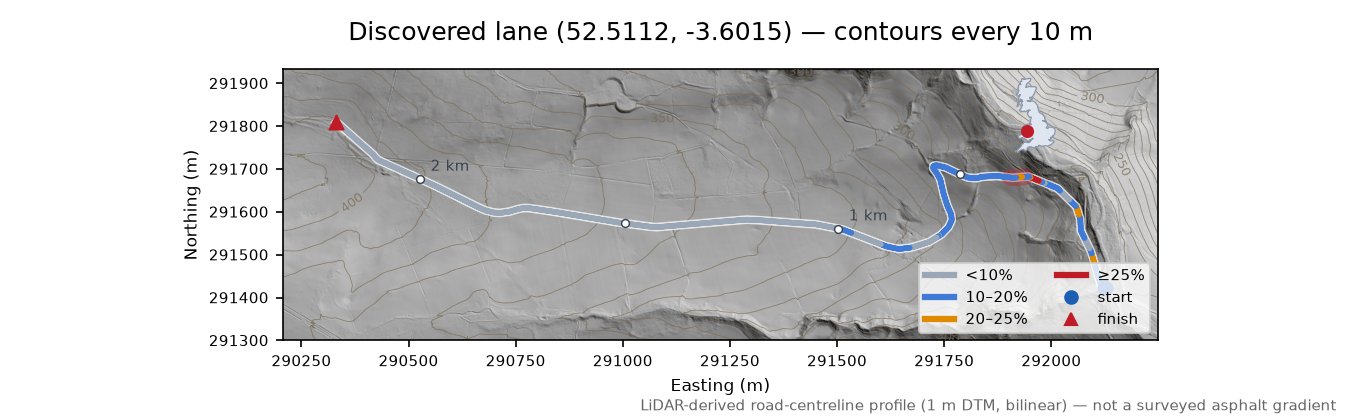 Discovered lane (52.5112, -3.6015) LiDAR hillshade map with contours