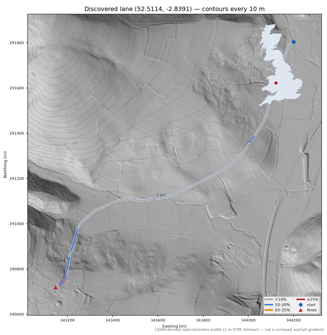 Discovered lane (52.5114, -2.8391) LiDAR hillshade map with contours