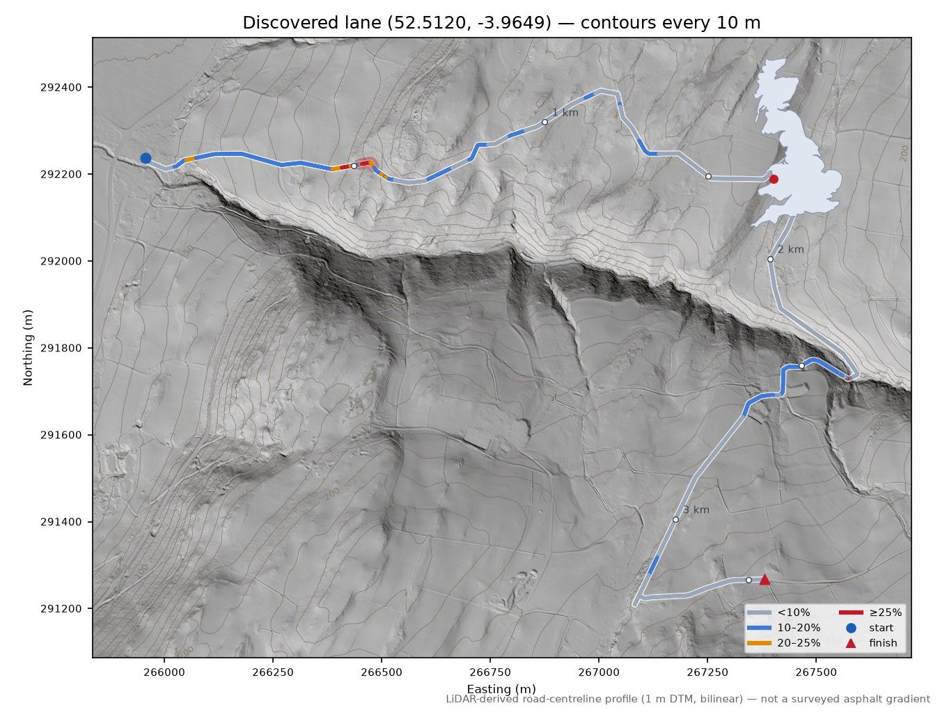 Discovered lane (52.5120, -3.9649) LiDAR hillshade map with contours