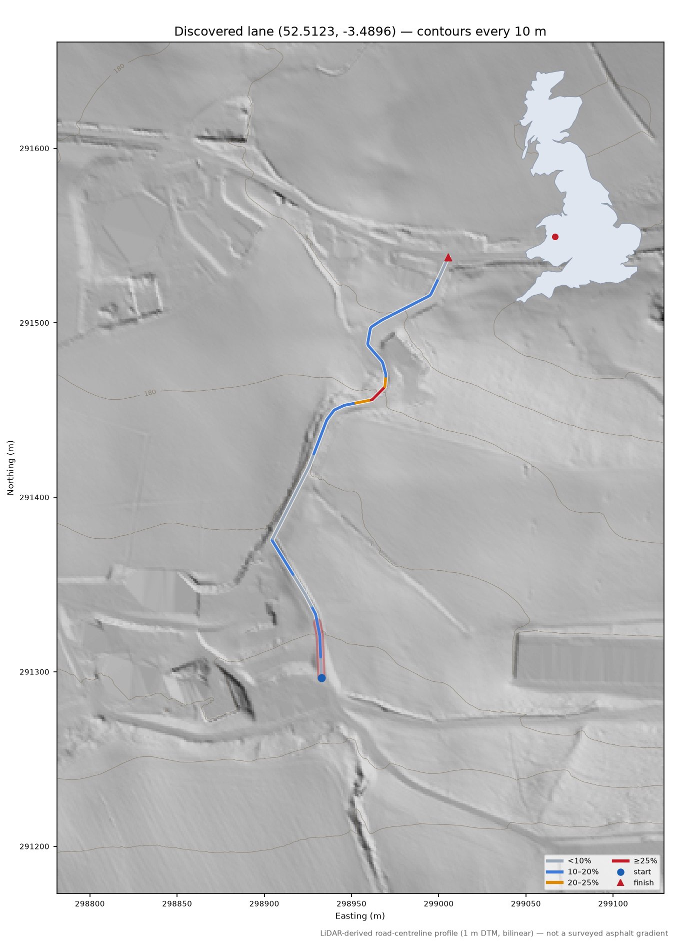 Discovered lane (52.5123, -3.4896) LiDAR hillshade map with contours