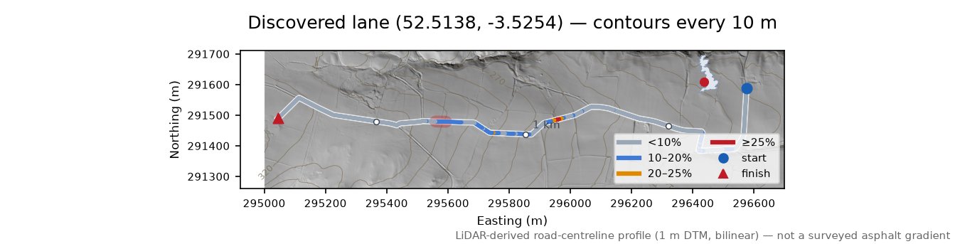 Discovered lane (52.5138, -3.5254) LiDAR hillshade map with contours