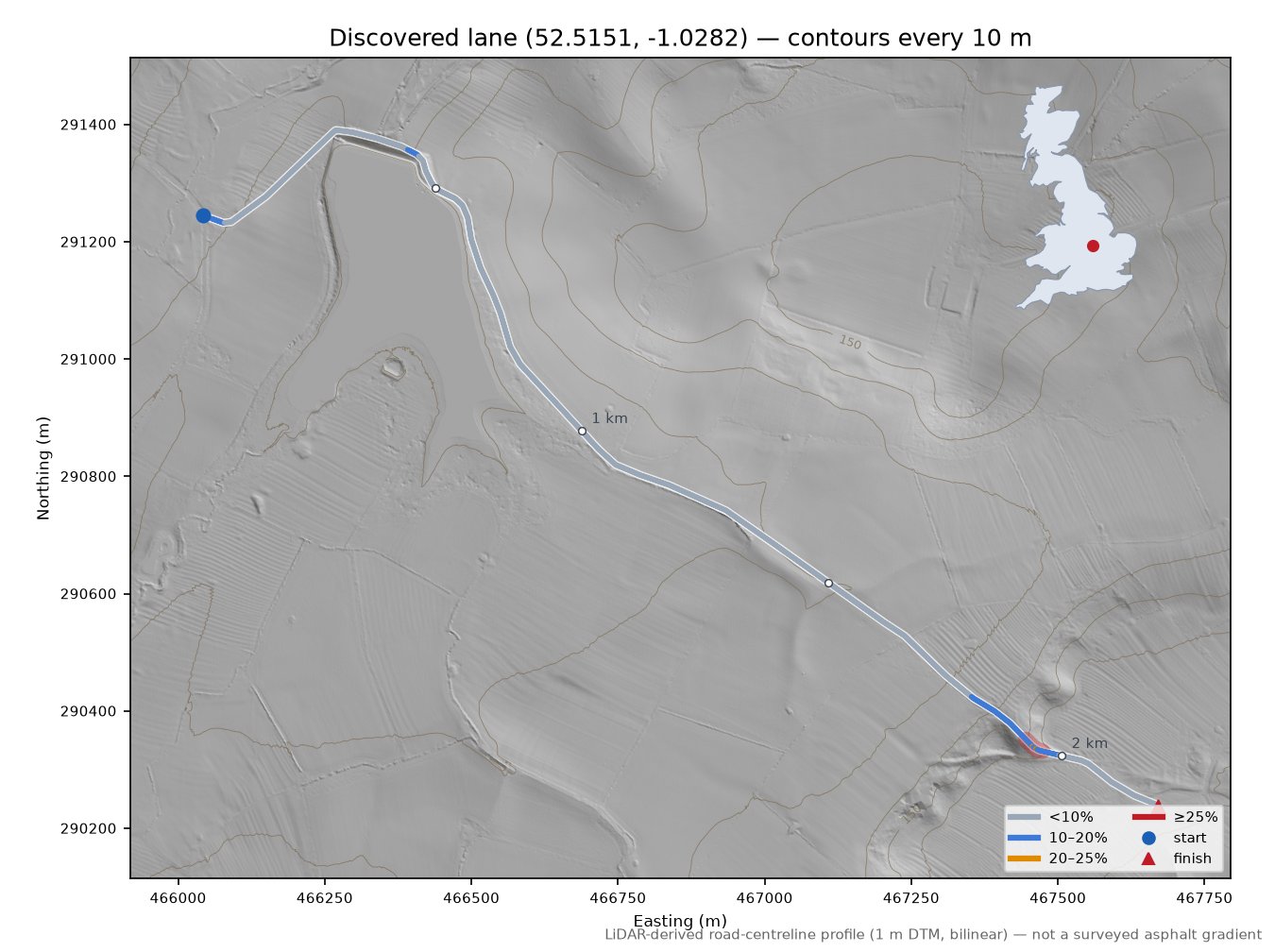 Discovered lane (52.5151, -1.0282) LiDAR hillshade map with contours