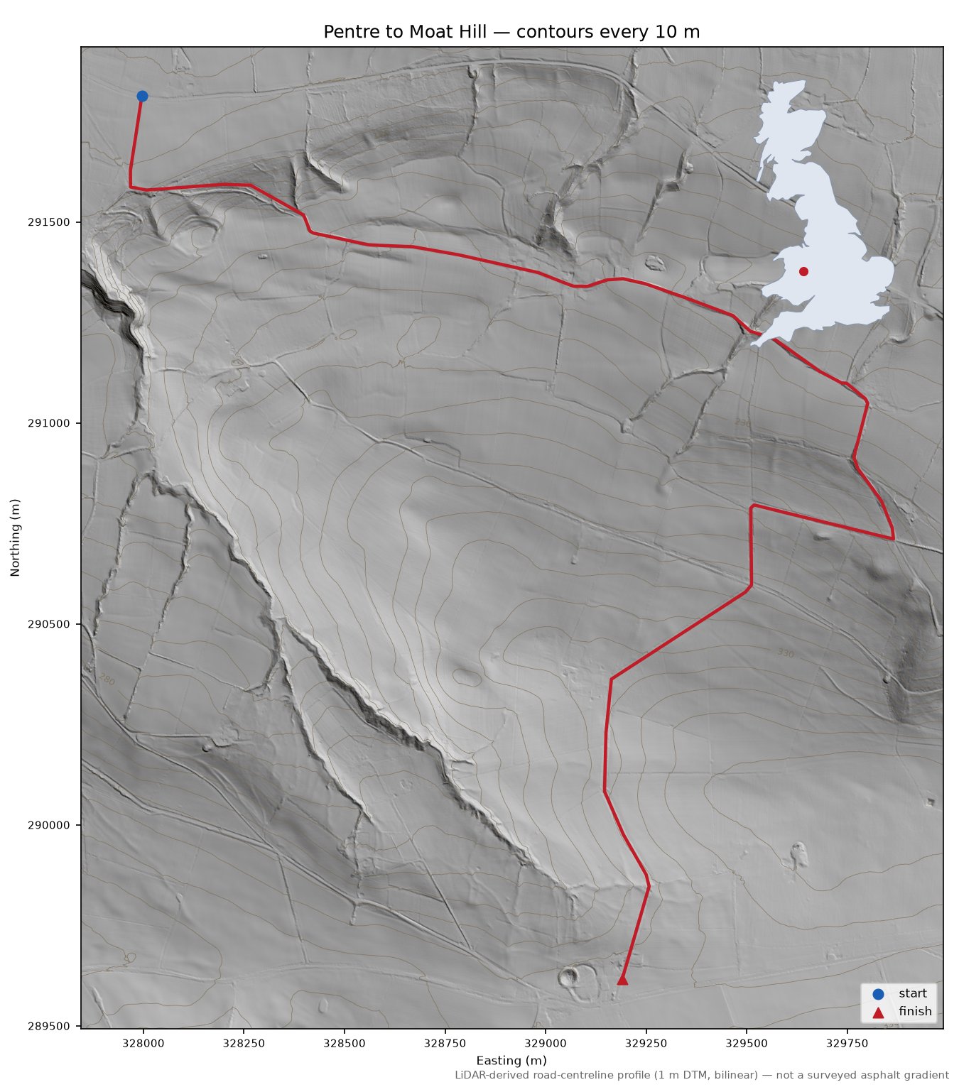 Pentre to Moat Hill LiDAR hillshade map with contours