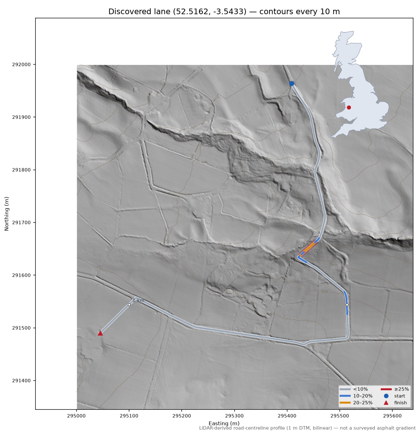 Discovered lane (52.5162, -3.5433) LiDAR hillshade map with contours
