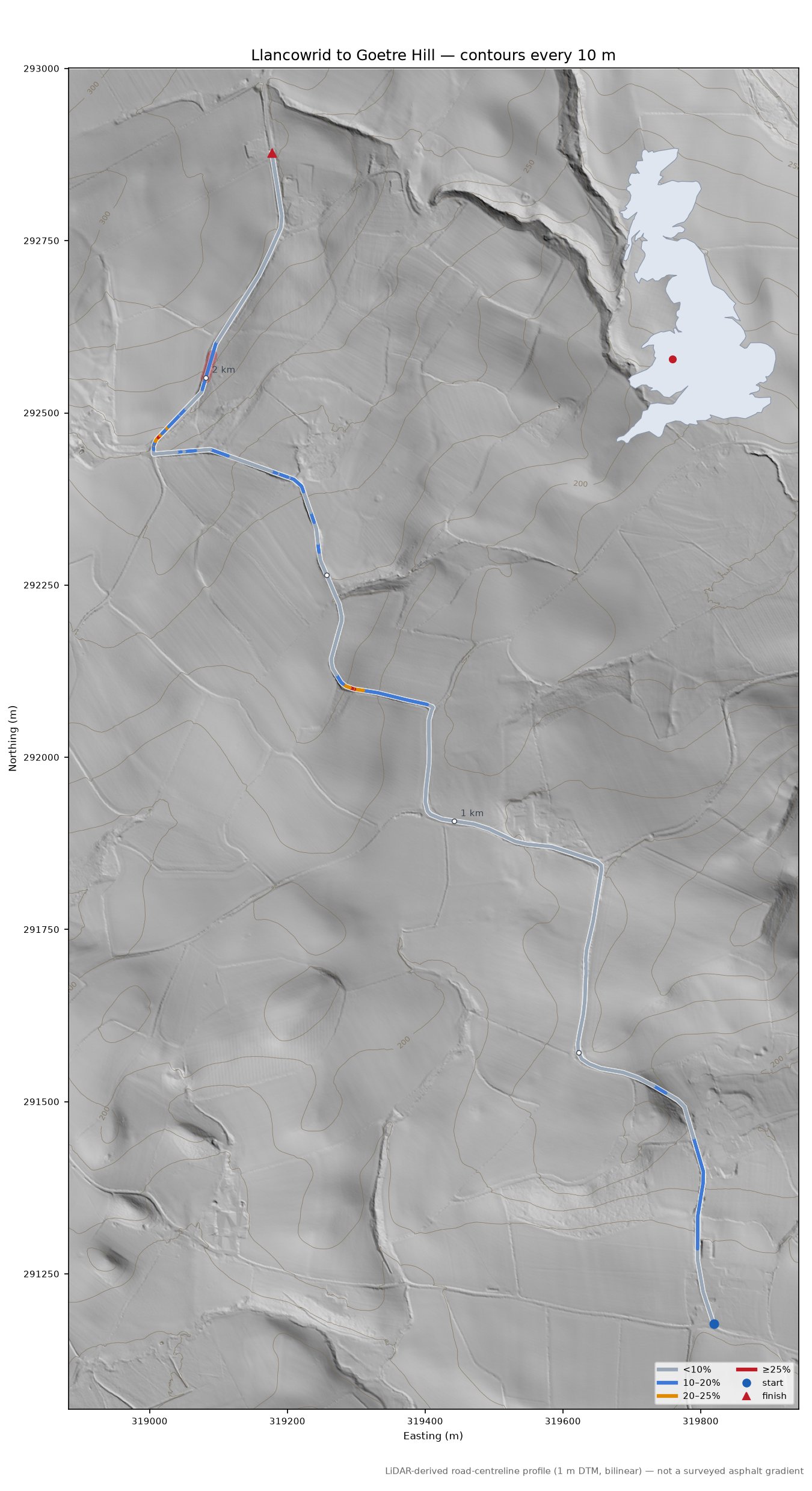Llancowrid to Goetre Hill LiDAR hillshade map with contours