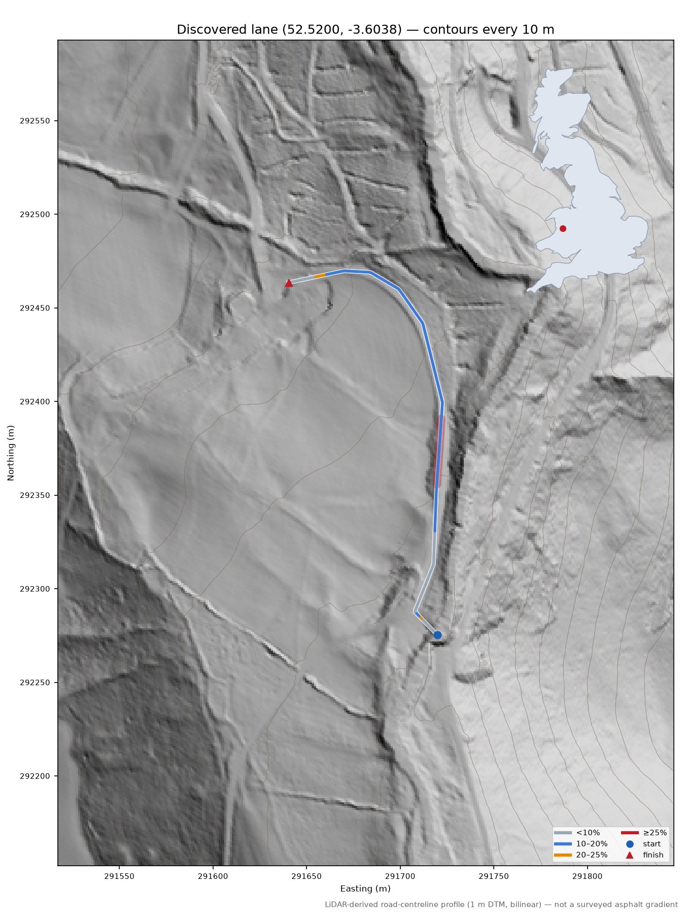 Discovered lane (52.5200, -3.6038) LiDAR hillshade map with contours