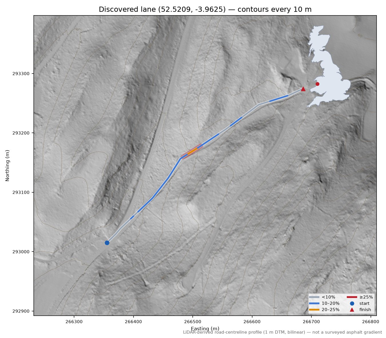 Discovered lane (52.5209, -3.9625) LiDAR hillshade map with contours