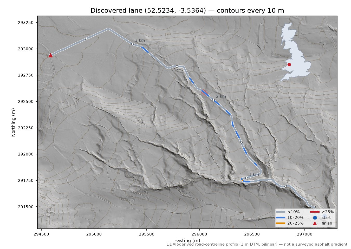 Discovered lane (52.5234, -3.5364) LiDAR hillshade map with contours