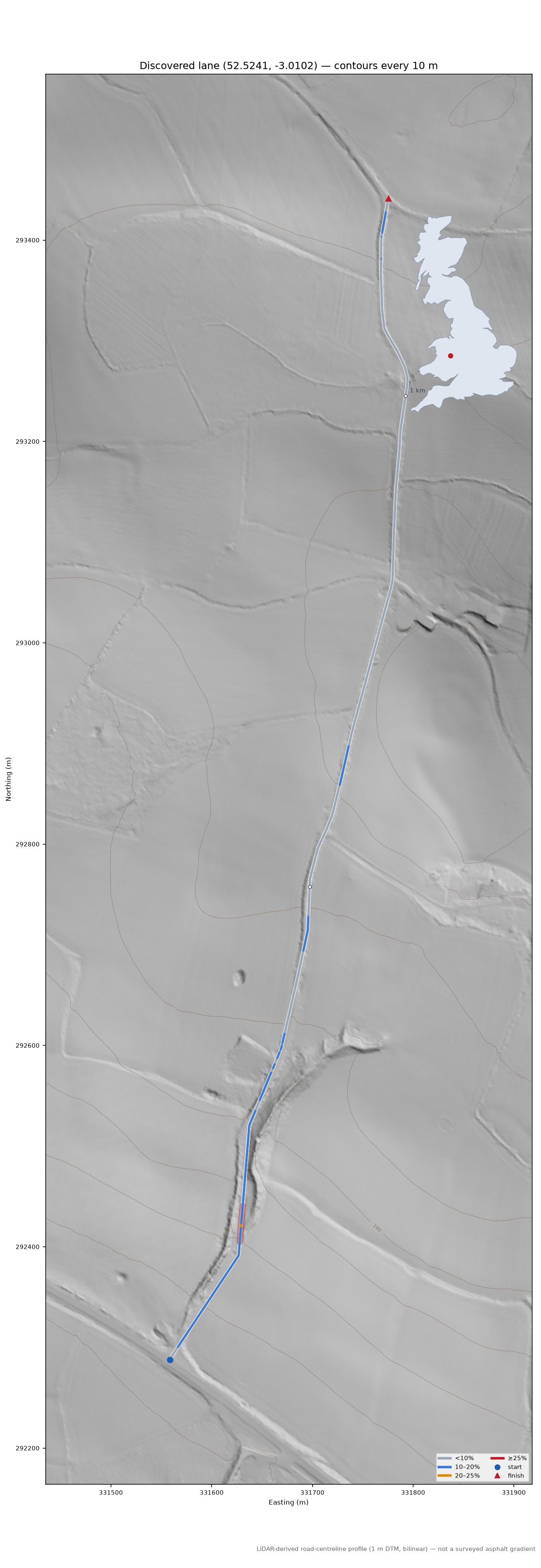 Discovered lane (52.5241, -3.0102) LiDAR hillshade map with contours