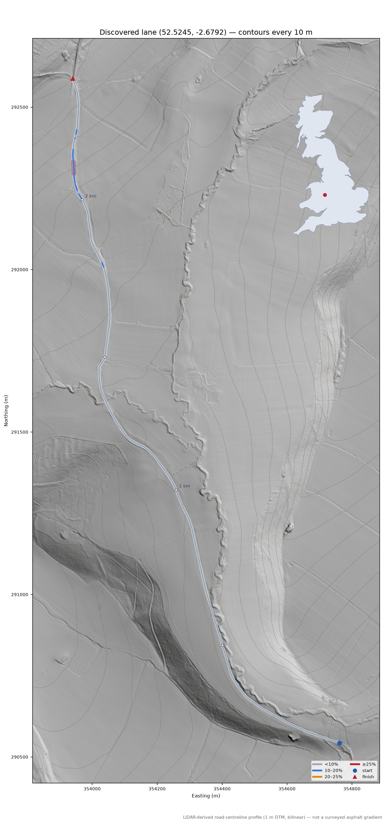 Discovered lane (52.5245, -2.6792) LiDAR hillshade map with contours