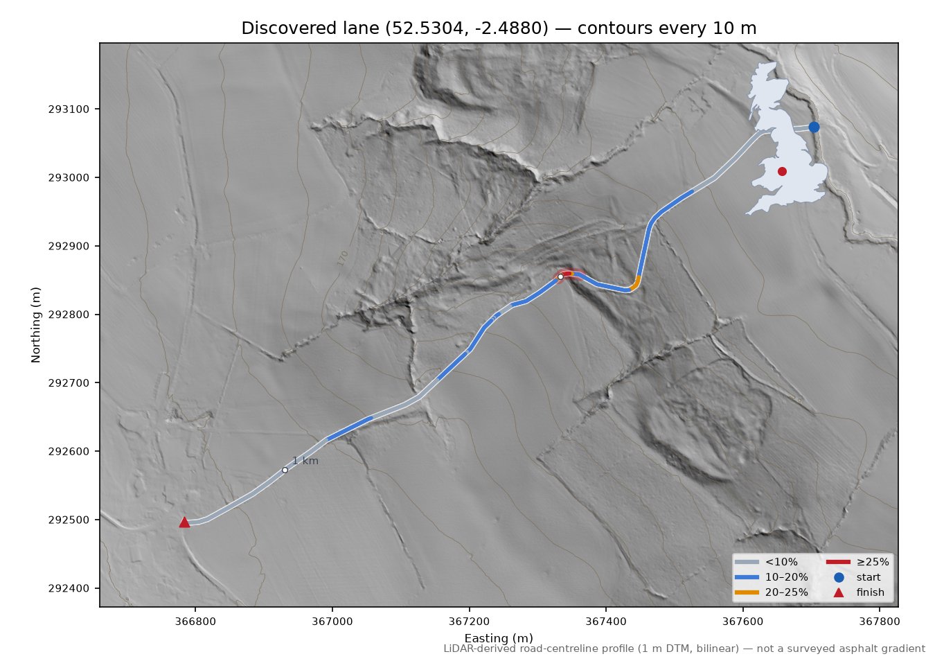 Discovered lane (52.5304, -2.4880) LiDAR hillshade map with contours