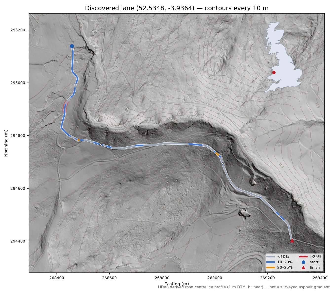 Discovered lane (52.5348, -3.9364) LiDAR hillshade map with contours
