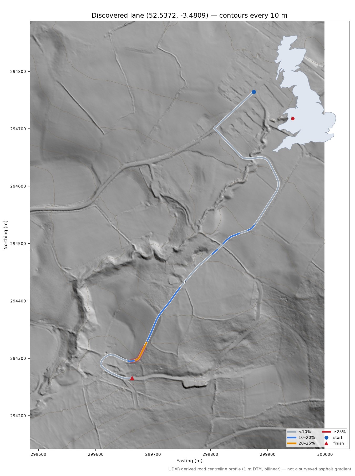 Discovered lane (52.5372, -3.4809) LiDAR hillshade map with contours