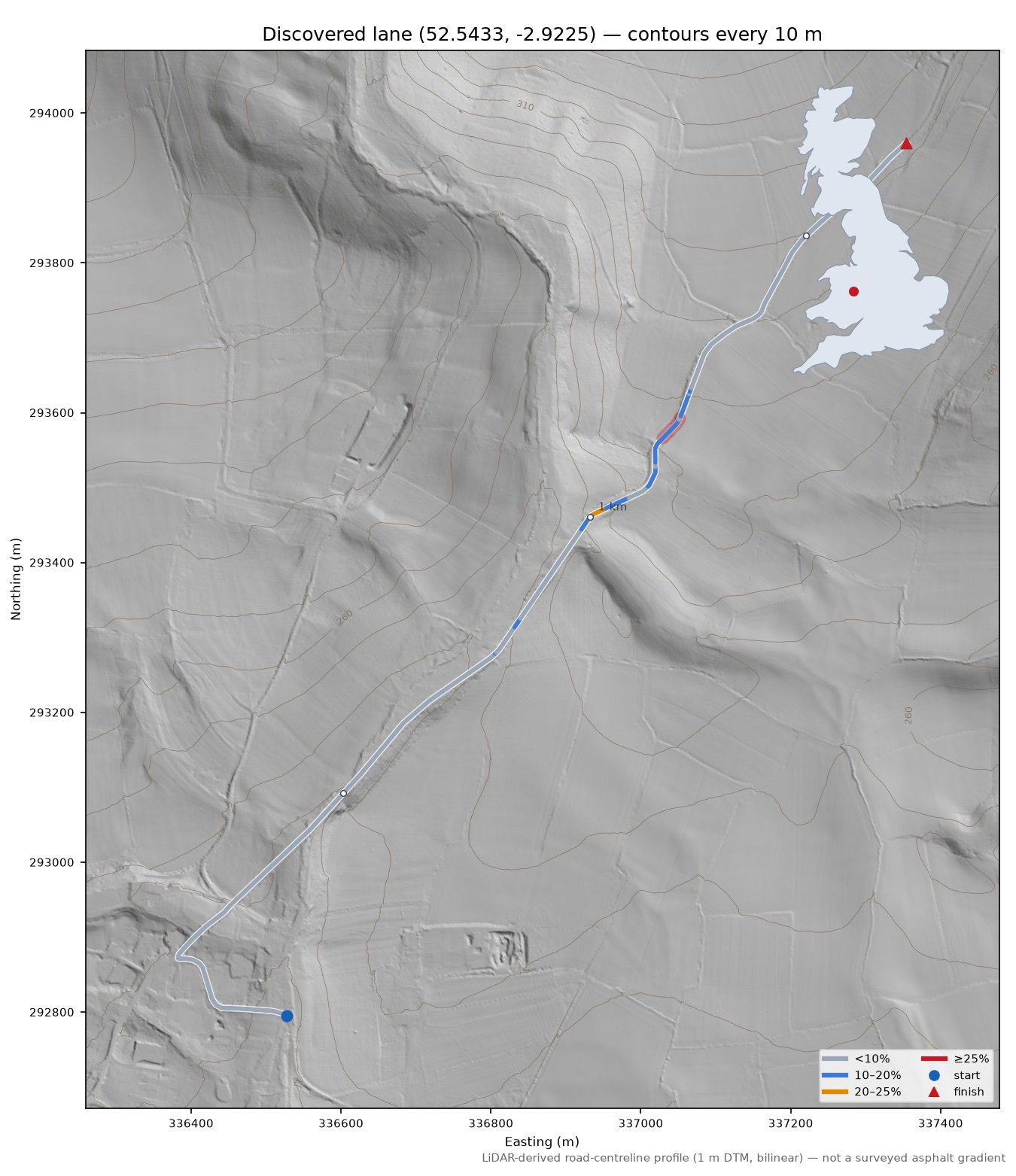 Discovered lane (52.5433, -2.9225) LiDAR hillshade map with contours